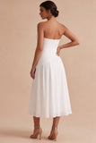 Corset White A-Line Chiffon Strapless Ruched Midi Engagement Party Dress