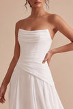 Corset White A-Line Chiffon Strapless Ruched Midi Engagement Party Dress