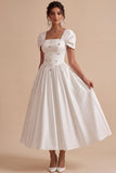 White A-Line Square Neck Long Engagement Party Dress with Rhinestones