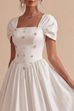 White A-Line Square Neck Long Engagement Party Dress with Rhinestones