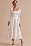 White A-Line Square Neck Midi Engagement Party Dress with Sleeves
