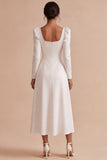 White A-Line Square Neck Midi Engagement Party Dress with Sleeves