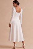 White A-Line Square Neck Midi Engagement Party Dress with Sleeves