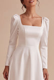 White A-Line Square Neck Midi Engagement Party Dress with Sleeves