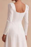 White A-Line Square Neck Midi Engagement Party Dress with Sleeves