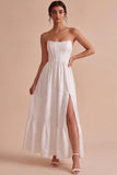 White Jacquard Corset Strapless Long Engagement Party Dress with Slit