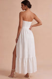 White Jacquard Corset Strapless Long Engagement Party Dress with Slit