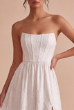 White Jacquard Corset Strapless Long Engagement Party Dress with Slit