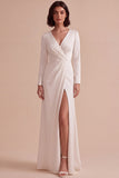 White Sheath V-Neck Ruched Floor Length Wedding Dress with Slit