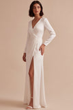 White Sheath V-Neck Ruched Floor Length Wedding Dress with Slit