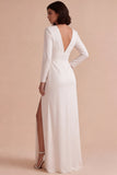 White Sheath V-Neck Ruched Floor Length Wedding Dress with Slit