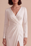 White Sheath V-Neck Ruched Floor Length Wedding Dress with Slit