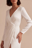 White Sheath V-Neck Ruched Floor Length Wedding Dress with Slit