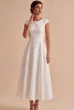 White Jacquard A-Line Boat Neck Long Engagement Party Dress with Sleeves