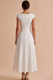 White Jacquard A-Line Boat Neck Long Engagement Party Dress with Sleeves