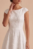 White Jacquard A-Line Boat Neck Long Engagement Party Dress with Sleeves