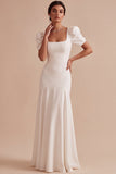 White Mermaid Corset Square Neck Puff Sleeves Floor Length Wedding Dress