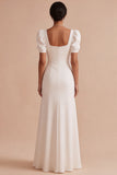 White Mermaid Corset Square Neck Puff Sleeves Floor Length Wedding Dress