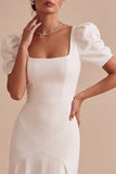 White Mermaid Corset Square Neck Puff Sleeves Floor Length Wedding Dress