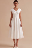 White A-Line V-Neck Ruched Cap Sleeves Midi Engagement Party Dress