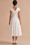 White A-Line V-Neck Ruched Cap Sleeves Midi Engagement Party Dress