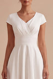 White A-Line V-Neck Ruched Cap Sleeves Midi Engagement Party Dress
