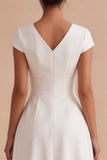 White A-Line V-Neck Ruched Cap Sleeves Midi Engagement Party Dress