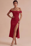 White Corset Ruched Off the Shoulder Midi Engagement Party Dress with Slit