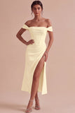White Corset Ruched Off the Shoulder Midi Engagement Party Dress with Slit