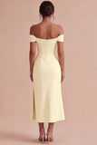 White Corset Ruched Off the Shoulder Midi Engagement Party Dress with Slit