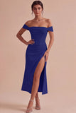 White Corset Ruched Off the Shoulder Midi Engagement Party Dress with Slit