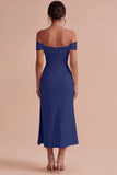 White Corset Ruched Off the Shoulder Midi Engagement Party Dress with Slit