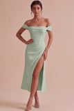 White Corset Ruched Off the Shoulder Midi Engagement Party Dress with Slit