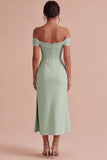 White Corset Ruched Off the Shoulder Midi Engagement Party Dress with Slit