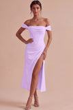 White Corset Ruched Off the Shoulder Midi Engagement Party Dress with Slit
