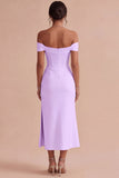 White Corset Ruched Off the Shoulder Midi Engagement Party Dress with Slit