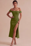 White Corset Ruched Off the Shoulder Midi Engagement Party Dress with Slit