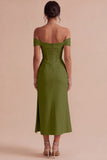 White Corset Ruched Off the Shoulder Midi Engagement Party Dress with Slit