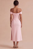White Corset Ruched Off the Shoulder Midi Engagement Party Dress with Slit