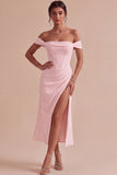 White Corset Ruched Off the Shoulder Midi Engagement Party Dress with Slit