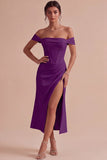 White Corset Ruched Off the Shoulder Midi Engagement Party Dress with Slit