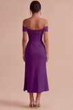 White Corset Ruched Off the Shoulder Midi Engagement Party Dress with Slit