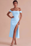White Corset Ruched Off the Shoulder Midi Engagement Party Dress with Slit