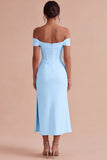 White Corset Ruched Off the Shoulder Midi Engagement Party Dress with Slit