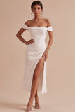 White Corset Ruched Off the Shoulder Midi Engagement Party Dress with Slit