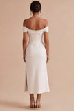 White Corset Ruched Off the Shoulder Midi Engagement Party Dress with Slit