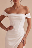 White Corset Ruched Off the Shoulder Midi Engagement Party Dress with Slit