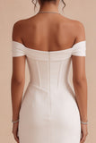 White Corset Ruched Off the Shoulder Midi Engagement Party Dress with Slit