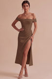White Corset Ruched Off the Shoulder Midi Engagement Party Dress with Slit