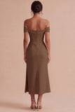 White Corset Ruched Off the Shoulder Midi Engagement Party Dress with Slit